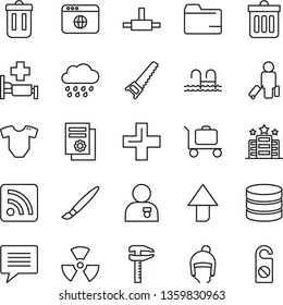 thin line vector icon set - tassel vector, image of thought, upward direction, folder, plus, rss feed, t short, rainy cloud, winter hat, hand saw, dust bin, calipers, scientific publication, browser