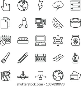 thin line vector icon set - sign of the planet vector, graphite pencil, clean paper, drum, arm saw, brick, lightning, heating coil, index finger, storm cloud, canned goods, orange slice, money