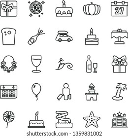 thin line vector icon set - daily calendar vector, balloon, cake, Easter, torte, birthday, lollipop, glass, pumpkin, wall, gift, giftbox, sand castle, wine, champagne, car baggage, passenger, hotel