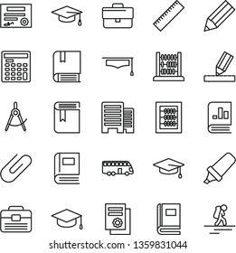 thin line vector icon set - briefcase vector, yardstick, book, new abacus, e, portfolio, buildings, drawing, square academic hat, clip, scribed compasses, pencil, text highlighter, on statistics