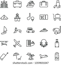 thin line vector icon set - suitcase vector, sand castle, plane, car baggage, passenger, rolling, ticket, case, hotel, tent, beach, arnchair under umbrella, palm tree, hawaii wreath, diving mask