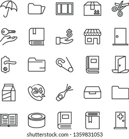 thin line vector icon set - folder vector, book, open pin, e, window frame, door knob, ntrance, umbrella, drawer, cardboard box, 24, package, canned goods, kiosk, get a wage, arm with key, exit