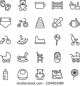 thin line vector icon set - baby cot vector, dummy, mug for feeding, bottle, diaper, bib, stroller, carriage, summer, stacking rings, roly poly doll, toy sand set, children's potty, chair, a child
