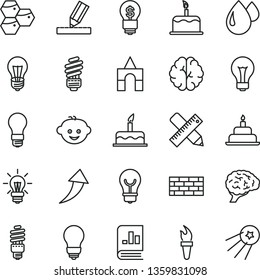 thin line vector icon set - matte light bulb vector, children's hairdo, box of bricks, cake, birthday, brickwork, saving, writing accessories, drawing, honeycombs, drop, energy, book on statistics
