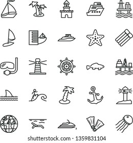 thin line vector icon set - anchor vector, small fish, sea port, commercial seaport, lighthouse, coastal, planet, sand castle, sail boat, hotel, beach, palm tree, starfish, flippers, diving mask