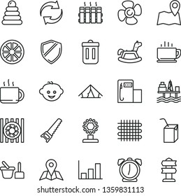 thin line vector icon set - renewal vector, stacking rings, toy sand set, packing of juice with a straw, children's hairdo, rocking horse, hand saw, radiator, alarm clock, map, coffee, cup tea, tent
