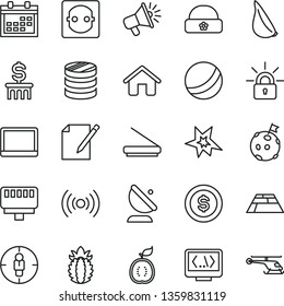thin line vector icon set - calendar vector, bath ball, warm hat, house, paving slab, notes, garlic, half of guawa, ripe pineapple, power socket, satellite antenna, goal woman, column coins, scanner