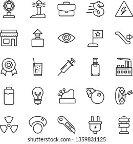 thin line vector icon set - danger of electricity vector, dollar, stationery knife, eye, bulb, suitcase, a glass soda, blueberries, mashroom, charge level, plug, industrial building, cashbox, medal