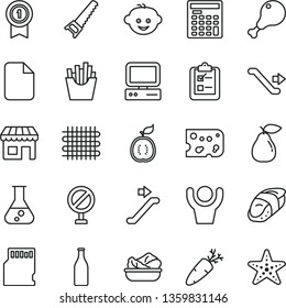thin line vector icon set - prohibition vector, children's hairdo, hand saw, survey, piece of cheese, lettuce in a plate, chicken leg, carrot, French fries, sushi, pear, half guawa, weaving, kiosk