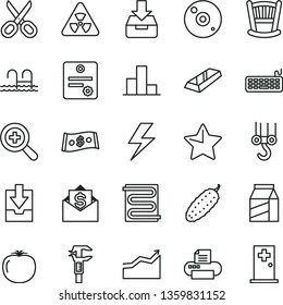 thin line vector icon set - lightning vector, scissors, zoom, bar chart, download archive data, cradle, winch hook, heating coil, star, put in a box, package, cucumber, persimmon, caliper, dollar