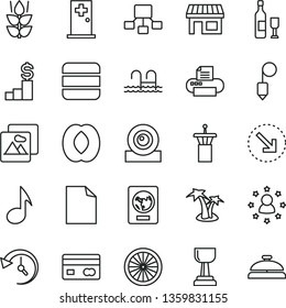 thin line vector icon set - clean sheet of paper vector, plummet, picture, right bottom arrow, mint, half peach, orange, stall, reverse side a bank card, hierarchical scheme, web camera, printer