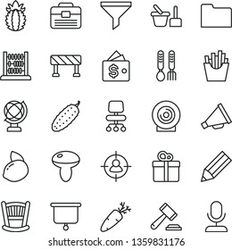 thin line vector icon set - hammer of a judge vector, horn, cradle, toy sand set, iron fork spoons, abacus, portfolio, traffic signal, globe, gift, lens, mushroom, cucumber, carrot, French fries