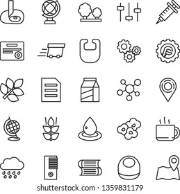 thin line vector icon set - bib vector, baby, rainy cloud, books, star gear, globe, package, popcorn, cup of tea, mint, trees, drop oil, location, gears, urgent cargo, pc tower, file, molecule, map