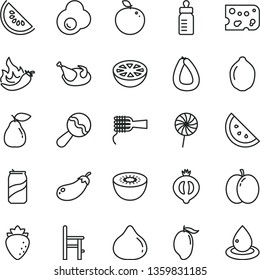 thin line vector icon set - feeding bottle vector, beanbag, a chair for, stick of sausage, piece cheese, noodles, chicken, lollipop, soda can, fried egg, orange slice, apple, pear, raspberry, fig