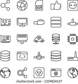 thin line vector icon set - power socket type b vector, f, thumb up, screen, big data, server, autopilot, SIM, connection, connections, cpu, pc card, router, network, browser, connect, coding, earth