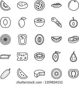 thin line vector icon set - stationery knife vector, piece of cheese, pizza, slices onion, cake slice, bacon, meat, cucumber, orange, sandwich, water melon, half mango, peach, cherry, lemon, kiwi