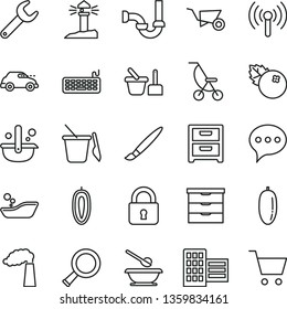 thin line vector icon set - tassel vector, storage unit, summer stroller, children's bathroom, toy sand set, plates and spoons, building trolley, sewerage, city block, lock, speech, nightstand, zoom