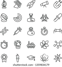 thin line vector icon set - telescope vector, molecule, atom, dna, biohazard, pipette, globe, magnet, flame, scientist, graduate hat, radar, medal, sun panel, satellite antenna, rocket, lunar rover