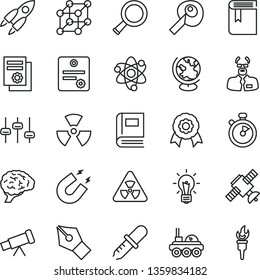 thin line vector icon set - book vector, scientific publication, telescope, atom, nuclear, zoom, bulb, brain, settings, satellite, pipette, globe, magnet, scientist, artifical insimination, medal