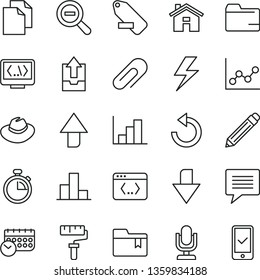 thin line vector icon set - paint roller vector, house, lightning, image of thought, desktop microphone, clip, stopwatch, upward direction, downward, graphite pencil, clean paper, zoom out, hat