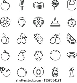 thin line vector icon set - bib vector, birthday cake, a plate of milk, lollipop, popsicle, blueberries, apple, pancakes, grape, pear, plum, raspberry, cornels, blackberry, tasty, slice water melon