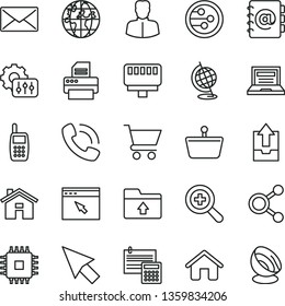 thin line vector icon set - house vector, laptop, zoom, upload archive data, folder, calculation, address book, cart, shopping basket, connections, woman, planet, phone call, mobile, cpu, printer