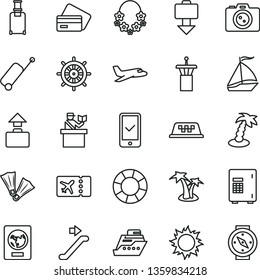 thin line vector icon set - plane vector, sail boat, taxi, airport tower, escalator, rolling suitcase, passort control, passport, ticket, phone registration, case, baggage, getting, credit card, sun