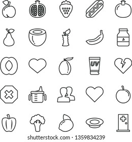thin line vector icon set - heart symbol vector, mark of injury, women, measuring cup for feeding, broken, Hot Dog, a plate milk, jar jam, strawberry, pear, peach, pomegranate, half, loquat, banana