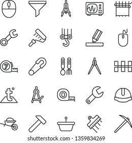 thin line vector icon set - repair key vector, safety pin, iron fork spoons, winch hook, garden trolley, measuring tape, long meashuring, paint roller, drawing, ceramic tiles, construction helmet