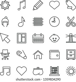thin line vector icon set - heart symbol vector, scissors, purse, remove label, bedside table, open pin, children's hairdo, winter hat, abacus, window, home, wall clock, music, weaving, lighthouse