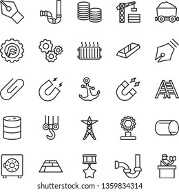 thin line vector icon set - tower crane vector, winch hook, ladder, siphon, sewerage, star gear, paving slab, anchor, strongbox, clip, barrel, power line, pipe, aluminum radiator, trolley with coal