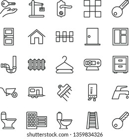 thin line vector icon set - bedside table vector, building trolley, window, stepladder, toilet, comfortable, siphon, key, door knob, ntrance, interroom, city block, tile, ceramic tiles, spatula