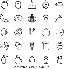 thin line vector icon set - birthday cake vector, with a hole, glazed, pie, popsicle, cone, jam, strawberry, strawberries, pineapple, pomegranate, half, grape, red apple, tasty, melon, slice of