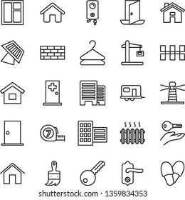 thin line vector icon set - house vector, dwelling, brickwork, window, long meashuring tape, wooden paint brush, key, door knob, ntrance, buildings, city block, ceramic tiles, boiler, home, hanger