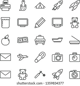 thin line vector icon set - camera vector, envelope, safety pin, bath, teddy bear, small, plastic brush, car, jam, apricot, welding, space rocket, pencil, monitor, printer, scanner, dollar, tent