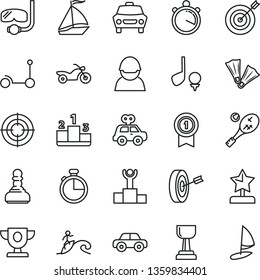 thin line vector icon set - motor vehicle vector, present, Kick scooter, timer, car, pedestal, racer, stopwatch, winner podium, prize, gold cup, pawn, star reward, target, purpose, aim, sail boat