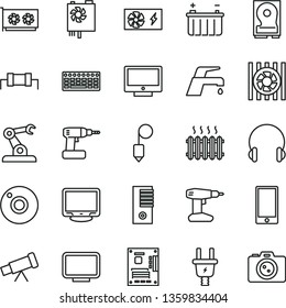 thin line vector icon set - camera vector, cordless drill, plummet, faucet mixer, headphones, screen, smartphone, battery, electric plug, assembly robot, cast iron radiator, fan, keyboard, tower