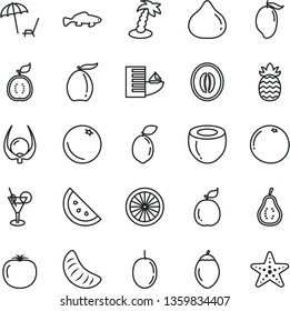 thin line vector icon set - small fish vector, orange slice, fig, mango, loquat, half melon, of tangerine, passion fruit, tamarillo, sour lime, guava, guawa, coconut, pineapple, grapefruit, part