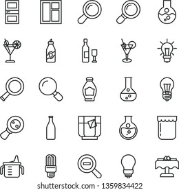 thin line vector icon set - zoom out vector, measuring cup for feeding, window, bulb, interroom door, magnifier, a glass of tea, cocktail, jam, bottle, liquor, round flask, mercury light, magnifying