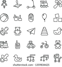 thin line vector icon set - paper airplane vector, toys over the cradle, cot, dummy, nipple, baby rattle, rubber duck, duckling, bath ball, stacking rings, motor vehicle present, roly poly doll