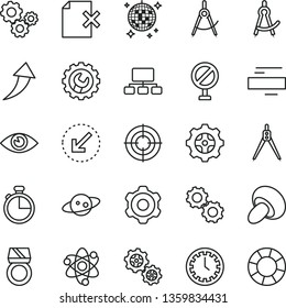 thin line vector icon set - prohibition vector, clock face, minus, cogwheel, gear, left bottom arrow, eye, timer, delete page, porcini, gears, scribed compasses, scheme, atom, drawing compass, aim