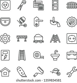 thin line vector icon set - dwelling vector, cogwheel, garden trolley, concrete mixer, adjustable wrench, measuring tape, new roller, stepladder, ladder, suitcase, washbasin, sink, door knob
