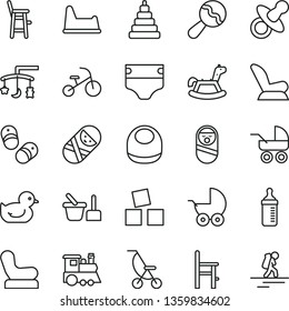 thin line vector icon set - toys over the cradle vector, dummy, measuring bottle for feeding, diaper, baby bib, beanbag, chair, car child seat, stroller, carriage, summer, duckling, stacking toy, 