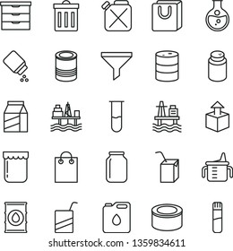thin line vector icon set - bin vector, storage unit, measuring cup for feeding, powder, baby, e, packing of juice with a straw, bag handles, package, unpacking, canned goods, tin, jam, sea port