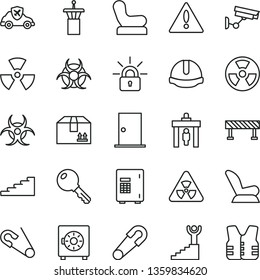 thin line vector icon set - warning vector, Baby chair, car child seat, safety pin, open, ntrance door, construction helmet, road fence, key, strongbox, cardboard box, radiation hazard, autopilot
