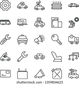 thin line vector icon set - truck lorry vector, horn, toys over the cot, car child seat, motor vehicle, present, key, pass card, delivery, big solar panel, modern gas station, accumulator, canister