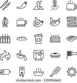 thin line vector icon set - electronic thermometer vector e, heating coil, temperature, radiator, boiler, coffee, sausage, loaf, noodles, pie, hot porridge, chop, barbecue, chili, cup of tea, flame