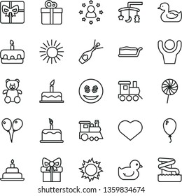 thin line vector icon set - heart symbol vector, toys over the cradle, rubber duck, baby duckling, teddy bear, toy train, children's, colored air balloons, balloon, cake, birthday, gift, slice, sun