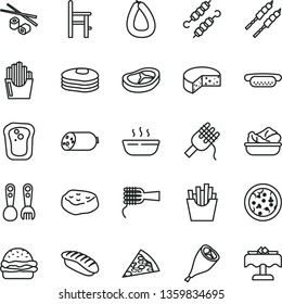 thin line vector icon set - a chair for feeding vector, plastic fork spoons, sausage, stick of, cheese, pizza, piece, mini hot dog, burger, spaghetti, noodles, porridge, lettuce in plate, bacon