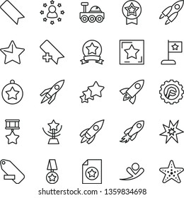 thin line vector icon set - add bookmark vector, remove label, star gear, rocket, space, lunar rover, bang, cup, medal, flag, hero, ribbon, certificate, stars around man, three, flying, starfish